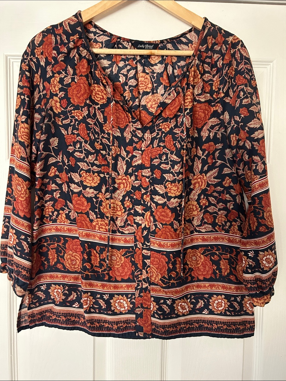 Lucky Brand Women’s Small Navy Floral Tie Neck Peasant Blouse Boho - Picture 2 of 11